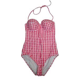 GAP Womens S Molded Bandeau Peony Gingham Pink One Piece Swimsuit